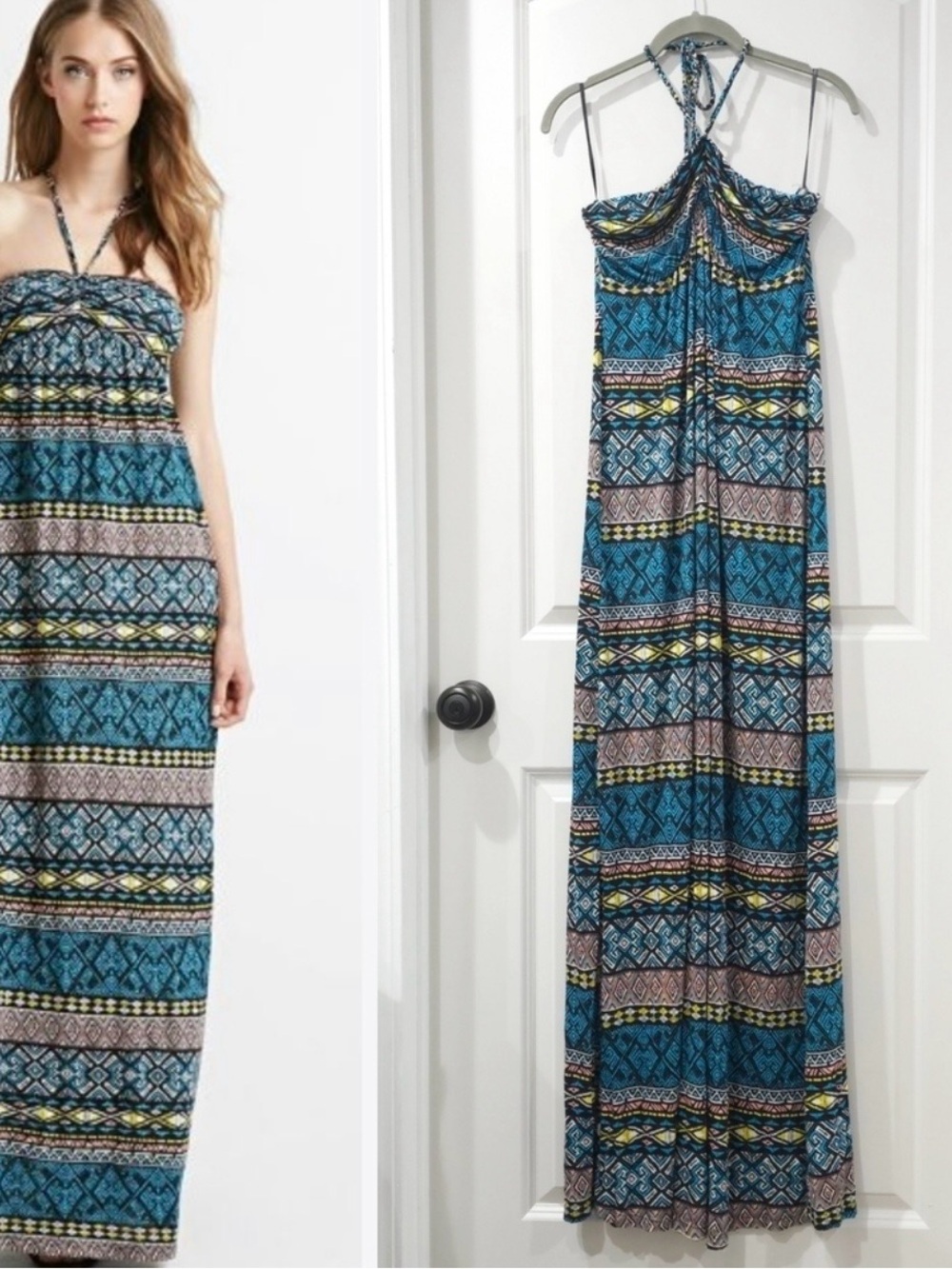 NWT - Forever 21 Blue Patterned Halter Maxi Dress with Yellow Accents